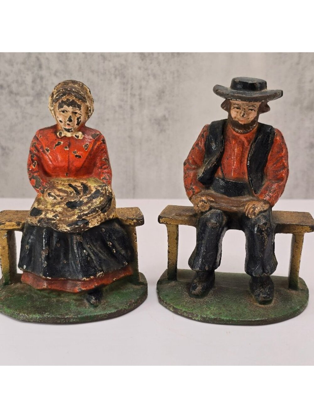 Pair Of Vintage Cast Iron Amish Book End Figurines Folk Art Rustic Decor CM2357
